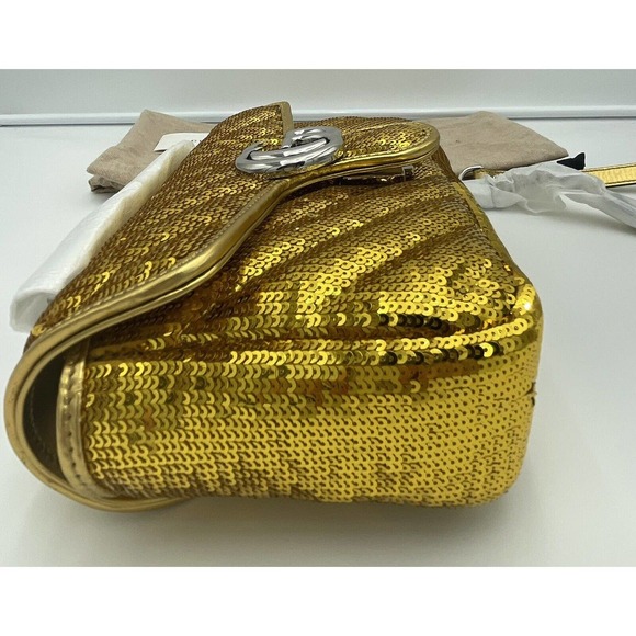 NEW! GUCCI MARMONT METALLIC SEQUIN GOLD  GG CROSSBODY BAG PURSE AUTHENTIC - Picture 9 of 15